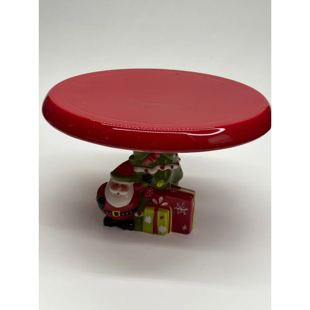 LivingQuarters Holiday Christmas‎ Tree Santa Cake Stand Red Earthenware 11.25in